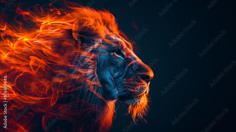 Artistic portrayal of a lion's head merged with fiery flames, showcasing strength and power amidst a dark background. Artistic portrayal of a lion's head merged with fiery flames, showcasing strength and power amidst a dark background.
