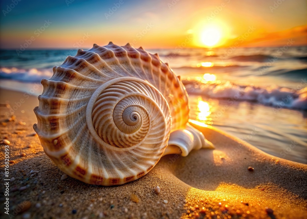 Intimate close-up of a delicate, swirling seashell with intricate layers and patterns on a sun-kissed beach, evoking serenity and natural beauty. Intimate close-up of a delicate, swirling seashell with intricate layers and patterns on a sun-kissed beach, evoking serenity and natural beauty.