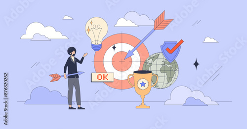 Brand positioning strategies for business recognition tiny person neubrutalism concept. Effective marketing with targeted advertisements or focused ads vector illustration. Client engagement campaign