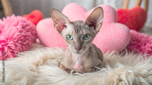 Sphynx cat relaxing on a white fur blanket with pink plush hearts and flowers photo