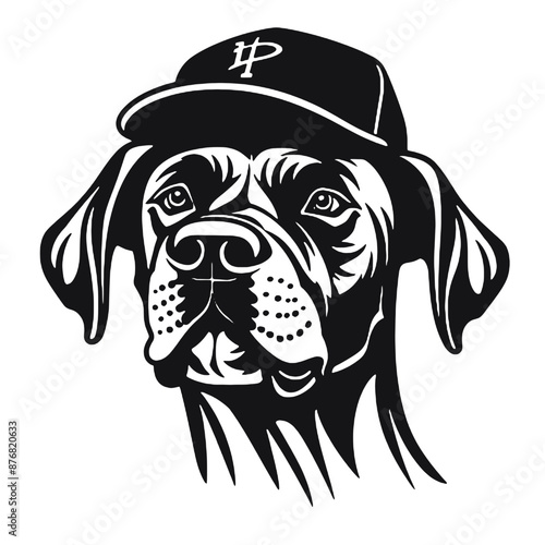  black and white illustration of a boxer dog wearing baseball hat