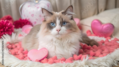 Adorable Ragdoll cat resting among fluffy pink heart-shaped pillows and flowers © arri