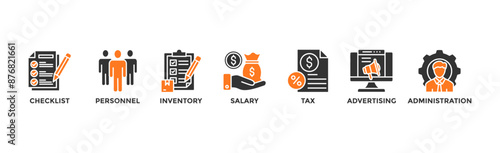 Cost reduction banner web icon illustration concept with icon of checklist, personnel, inventory, salary, tax, advertising and administration	