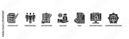 Cost reduction banner web icon illustration concept with icon of checklist, personnel, inventory, salary, tax, advertising and administration	
