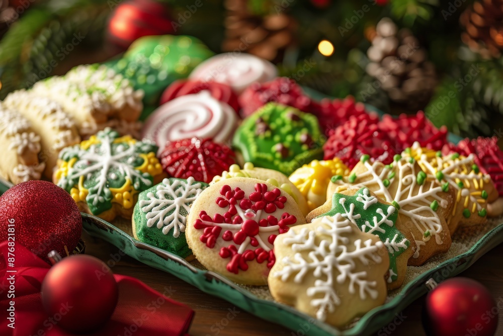 A close-up image of a festive holiday cookie platter featuring an assortment of colorful decorated Christmas cookies arranged with red ornaments A close-up image of a festive holiday cookie platter featuring an assortment of colorful decorated Christmas cookies arranged with red ornaments