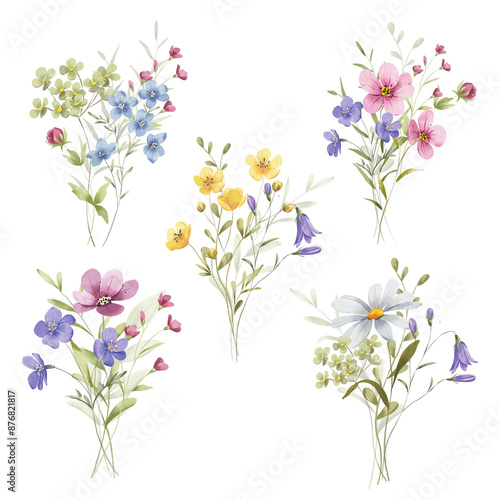 Wallpaper Mural Bouquets set with watercolor wild flowers and leaves. Perfectly for wedding, birthday, bridal, mother's day decorating. Hand drawing floral design. Torontodigital.ca
