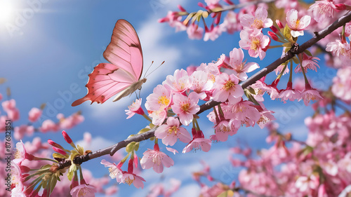 Graceful spring: pink butterfly, cherry blossoms on blue sky. Elegant Sakura frame photo