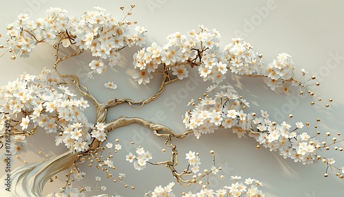 Elegant 3D wallpaper featuring a tree with white flowers and gold branches, light background, highly detailed.