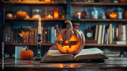 Carved pumpkin with a jack-o'-lantern face on an open book, candle lit in a cozy library during Halloween. photo