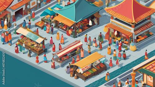 isometric graphic of a bustling marketplace with various stalls, people shopping, and vibrant colors