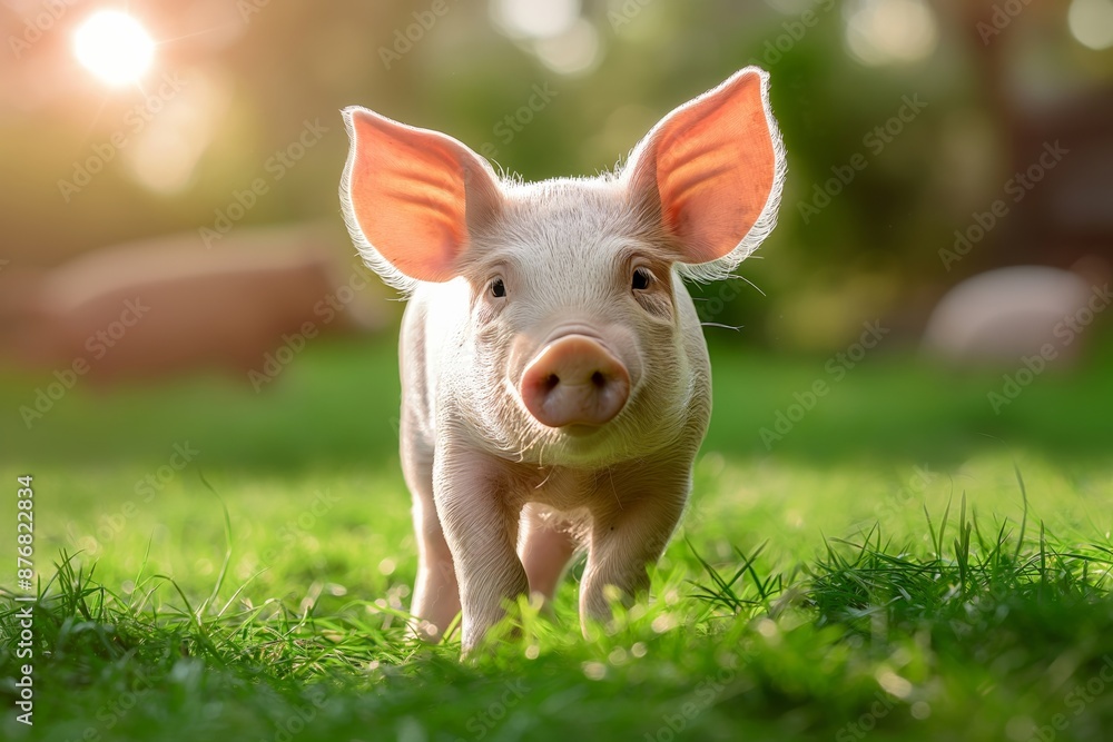 An adorable piglet with large ears and a curious expression, confidently standing on lush green grass in a bright outdoor setting, embodying innocence and playfulness. An adorable piglet with large ears and a curious expression, confidently standing on lush green grass in a bright outdoor setting, embodying innocence and playfulness.