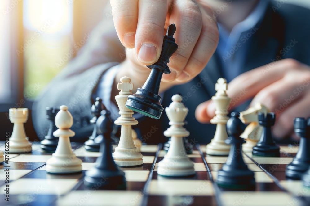 A chess player's hand confidently moves a queen piece across the board, highlighting the strategic thinking and focus required for the game A chess player's hand confidently moves a queen piece across the board, highlighting the strategic thinking and focus required for the game