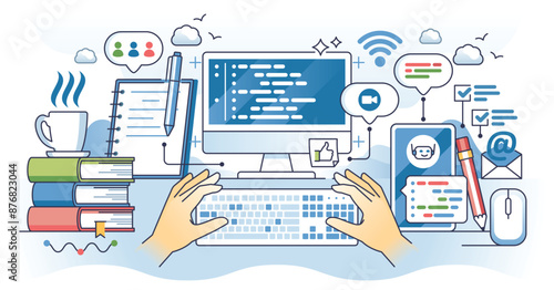 Coding help and online advices reading for programming outline hands concept. Smart AI support, websites with newbie forums and mentor advices for applications code writing work vector illustration.