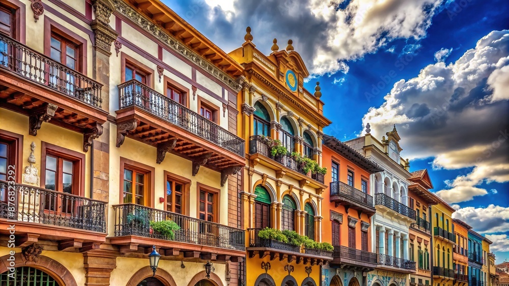 Fototapeta premium Vibrant traditional buildings with ornate facades and balconies rise towards a brilliant blue sky with puffy white clouds in a charming old town scene.