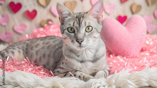 Adorable gray cat resting among fluffy pink heart-shaped pillows and streamers photo