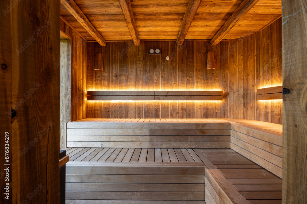 Interior of a wooden sauna with a beautiful view Interior of a wooden sauna with a beautiful view
