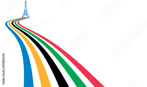 Colored Olympic Games rainbow lines flag converge in Eiffel Tower