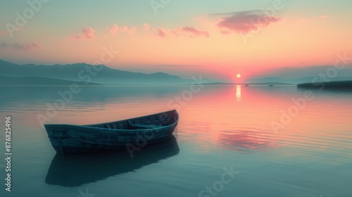 A solitary rowboat on a calm river with reflections of distant mountains and a soft, pastel-colored sunset, capturing peace and serenity 