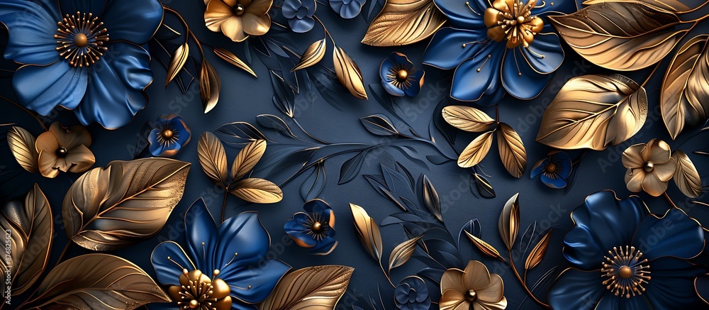 Elegant floral wallpaper design with blue and golden flowers on luxury dark background, intricate 3D render. Elegant floral wallpaper design with blue and golden flowers on luxury dark background, intricate 3D render.