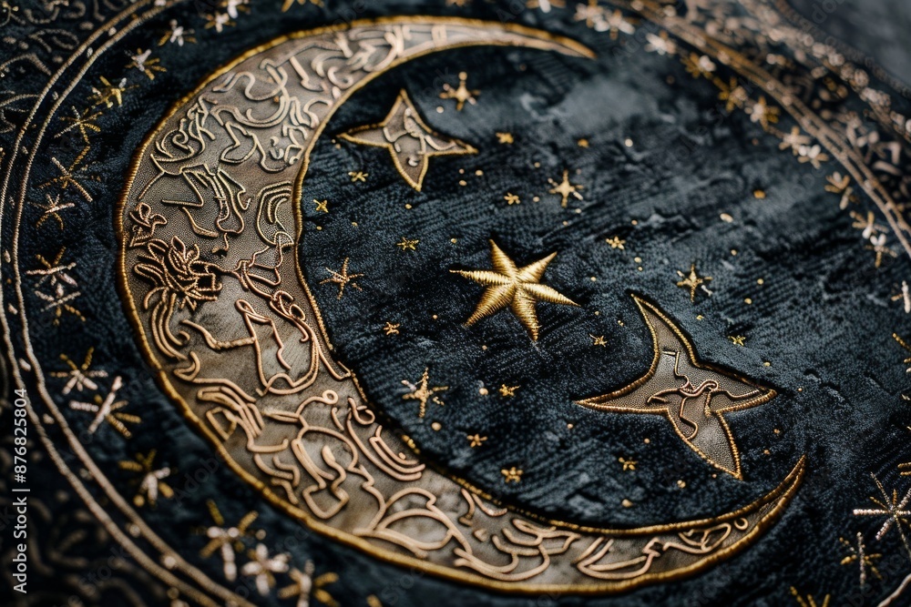 A close-up high angle shot of a prayer mat with a golden crescent moon and star design. The mat is dark blue with intricate embroidery A close-up high angle shot of a prayer mat with a golden crescent moon and star design. The mat is dark blue with intricate embroidery