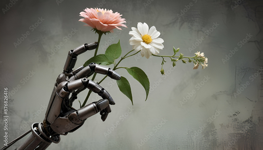 Weathered robot hand cradles a delicate flower, symbolizing hope & resilience. copy space Weathered robot hand cradles a delicate flower, symbolizing hope & resilience. copy space