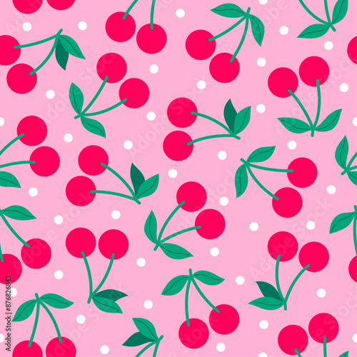 Wallpaper Mural Cute cherry and dot seamless pattern with pink background.
 Torontodigital.ca