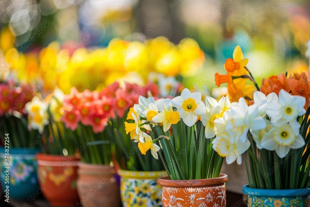 A high-angle view of a row of colorful daffodil flowers in terracotta pots, set against a blurred background of other blooming plants A high-angle view of a row of colorful daffodil flowers in terracotta pots, set against a blurred background of other blooming plants