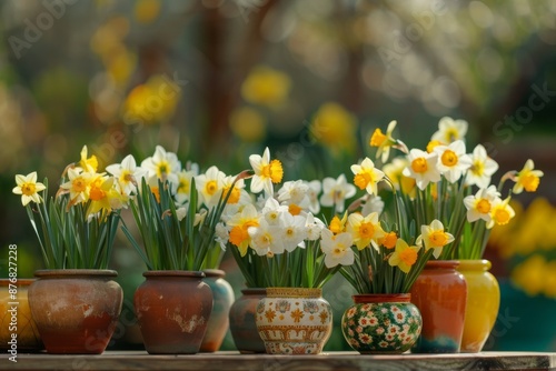 Wallpaper Mural An array of vibrant daffodils, blooming in decorative pots, stand out against a soft, blurred backdrop. The flowers are arranged in a row, showcasing their bright yellow and white petals Torontodigital.ca