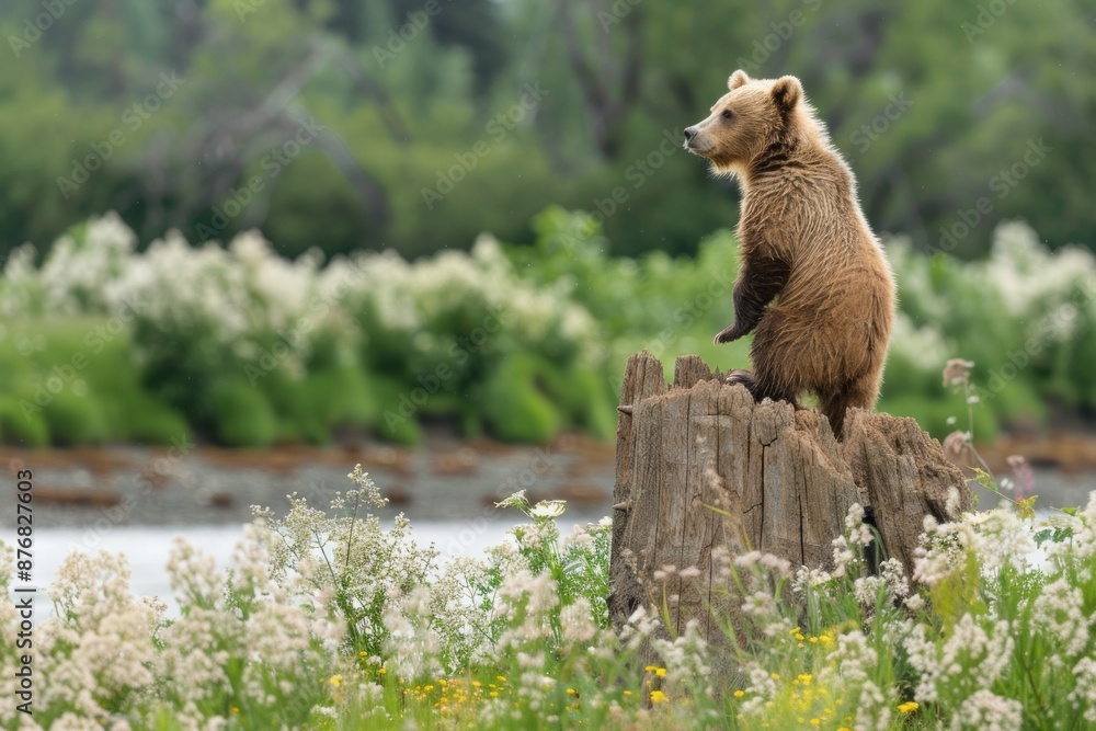A brown bear cub, also known as a grizzly bear, stands on hind legs and peers over an old weather beaten stump art the edge of a meadow in Alaska