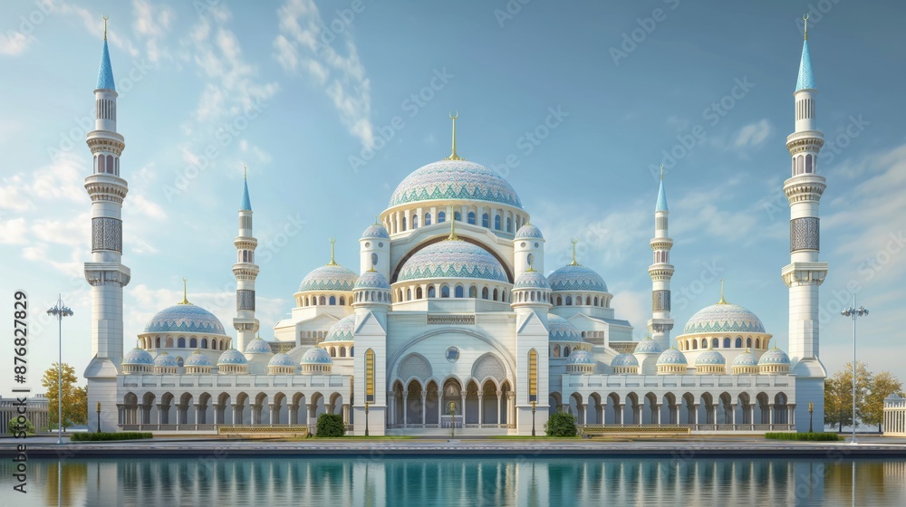 Obraz premium Magnificent mosque with intricate domes and minarets under a clear sky, reflecting on the water. The architecture is detailed and symmetrical with lush surroundings.