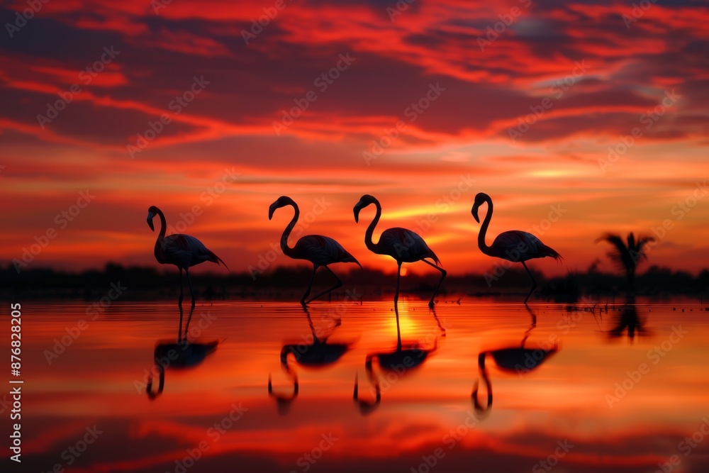 Naklejka premium Elegant flamingos wade through the shallow waters of a jungle pond as the sun sets, creating a dramatic silhouette against the vibrant red sky