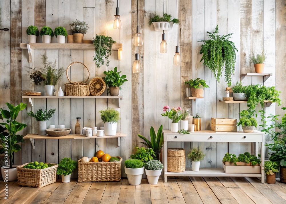 White wooden surface serves as a clean and modern bohemian farmhouse backdrop for displaying products, featuring a rustic wooden wall and a lush greenery corner decor. White wooden surface serves as a clean and modern bohemian farmhouse backdrop for displaying products, featuring a rustic wooden wall and a lush greenery corner decor.