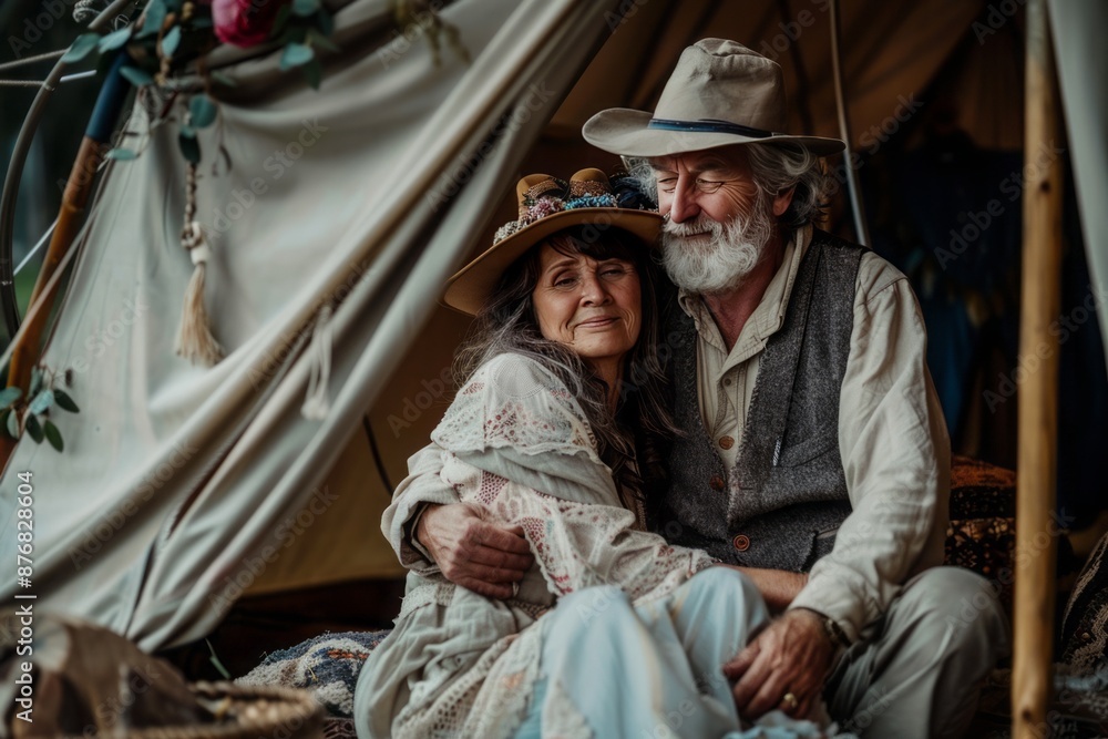 A beautiful older couple, dressed in boho style, enjoying a quiet moment together in a bohemian-styled tent A beautiful older couple, dressed in boho style, enjoying a quiet moment together in a bohemian-styled tent