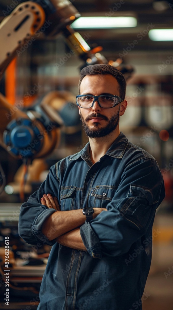 portrait of male worker on robotic arm factory portrait of male worker on robotic arm factory
