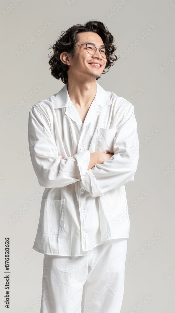 Asian male model in white pajamas, looking relaxed and gazing upward in studio Asian male model in white pajamas, looking relaxed and gazing upward in studio