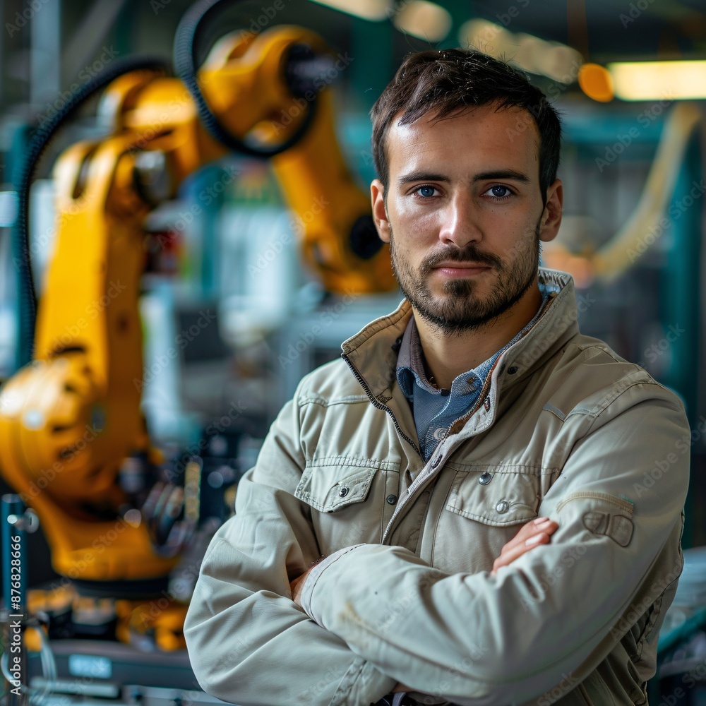 portrait of male worker on robotic arm factory portrait of male worker on robotic arm factory