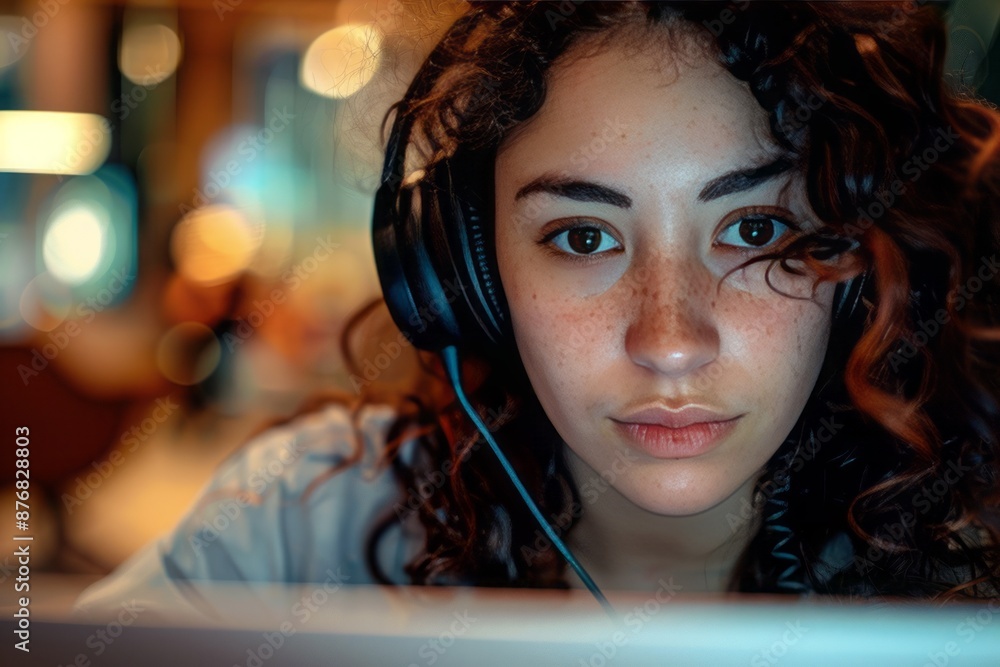 close up of a Latin young woman, wear headphones, watching laptop close up of a Latin young woman, wear headphones, watching laptop