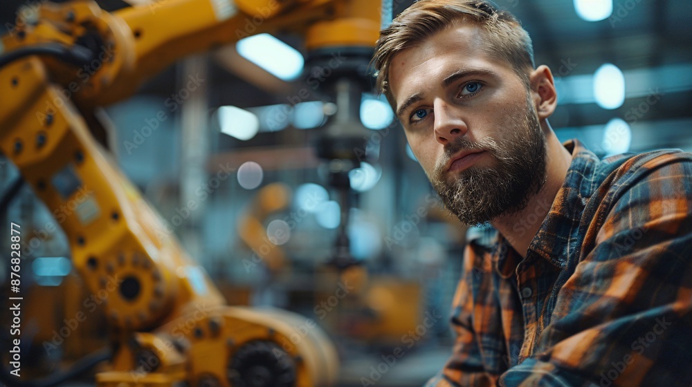 portrait of male worker on robotic arm factory portrait of male worker on robotic arm factory