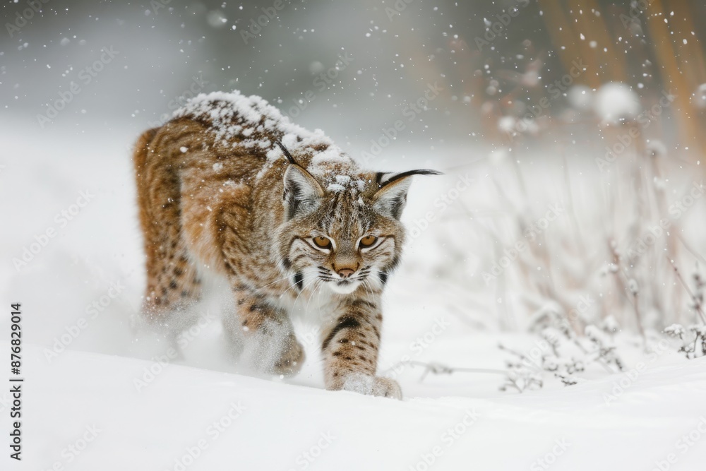 Obraz premium A young bobcat walking through the snow in Yellowstone National Park as falling snow accumulates on her back