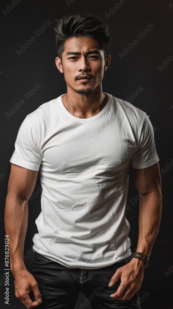 An athletic Asian man poses for a fashion shoot, wearing a simple white tee An athletic Asian man poses for a fashion shoot, wearing a simple white tee