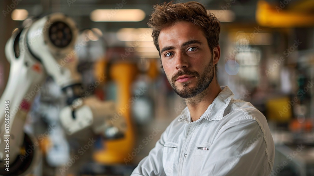portrait of male worker on robotic arm factory portrait of male worker on robotic arm factory