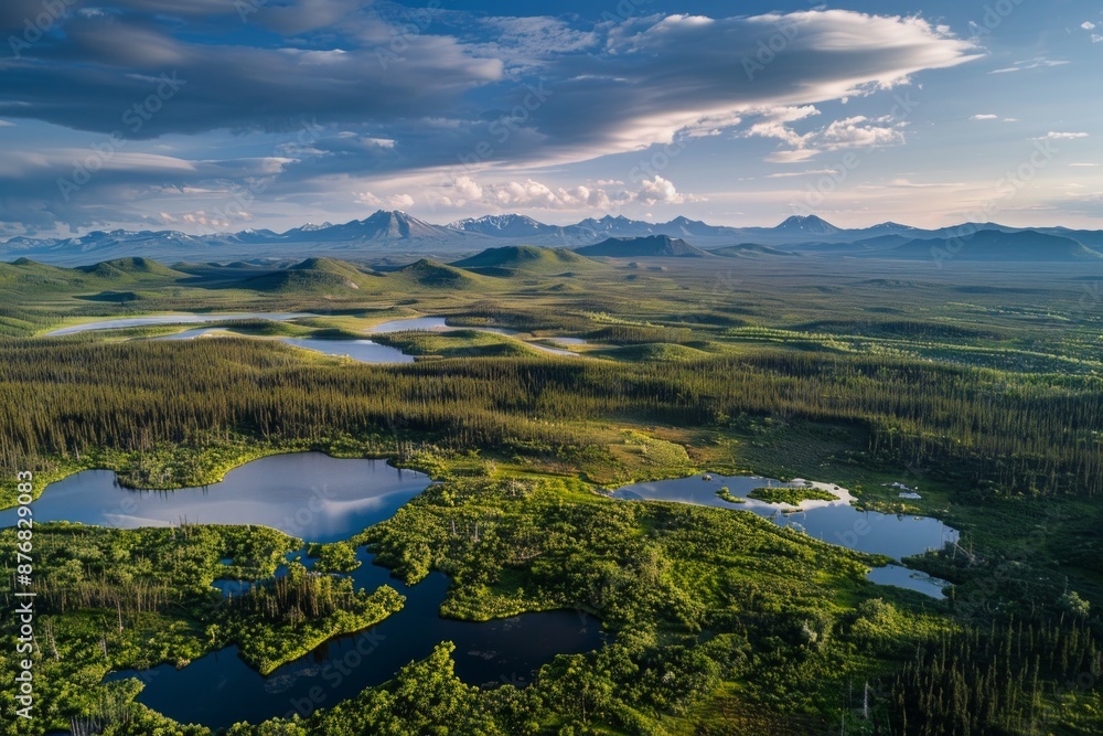 Obraz premium Aerial photography from a drone over the boreal forest, also known as taiga, along looking toward the Alaska Range in the distance.