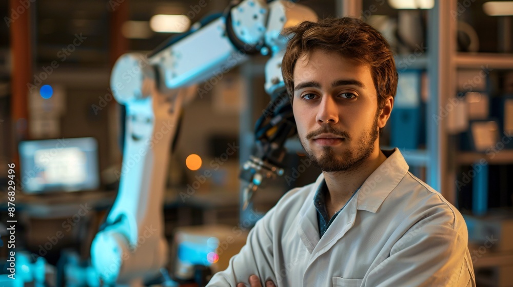 male engineer on robotic arm factory male engineer on robotic arm factory