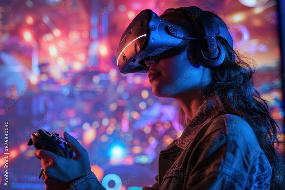 Young Woman in VR: Headset, Controller & Projected Battle Young Woman in VR: Headset, Controller & Projected Battle