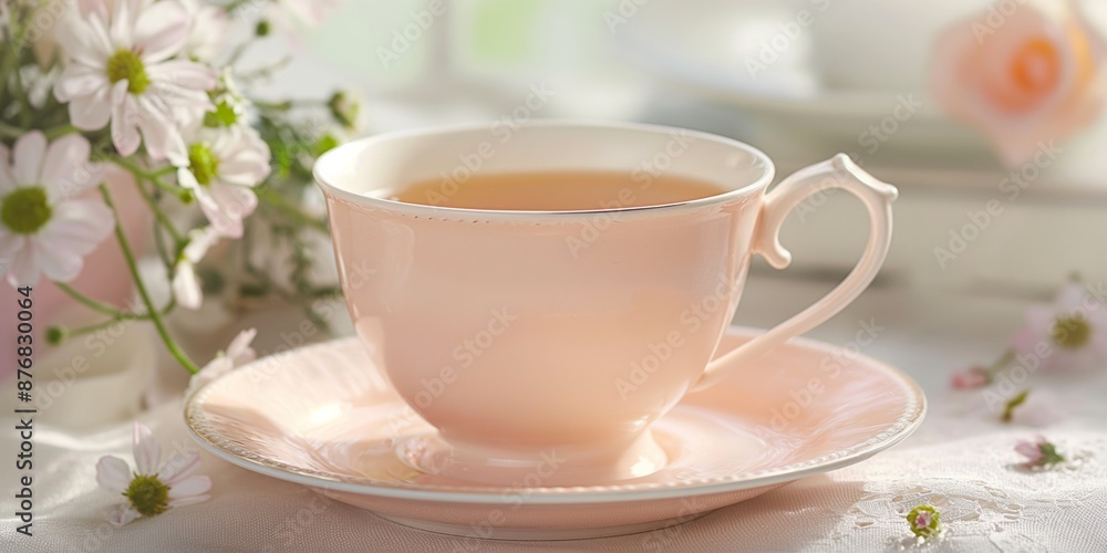A pink tea cup sits on a pink plate with flowers in the background. Concept of relaxation and comfort, as the tea cup A pink tea cup sits on a pink plate with flowers in the background. Concept of relaxation and comfort, as the tea cup
