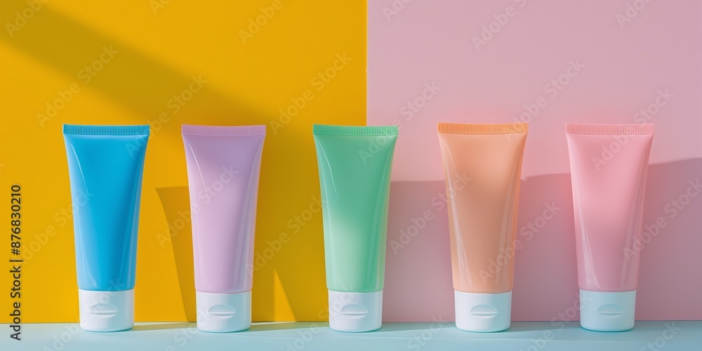 A row of colorful tubes of makeup sit on a yellow and pink background. The tubes are of different colors, including blue, green, pink, and purple. Concept of variety and creativity A row of colorful tubes of makeup sit on a yellow and pink background. The tubes are of different colors, including blue, green, pink, and purple. Concept of variety and creativity
