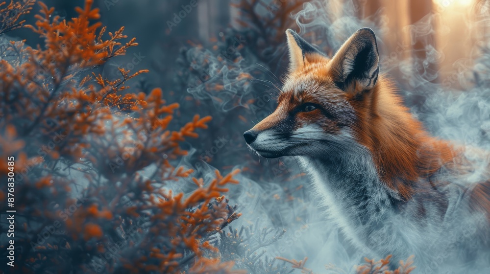 Majestic fox in a misty forest under serene light, capturing the beauty of nature and wildlife in an ethereal setting. Majestic fox in a misty forest under serene light, capturing the beauty of nature and wildlife in an ethereal setting.