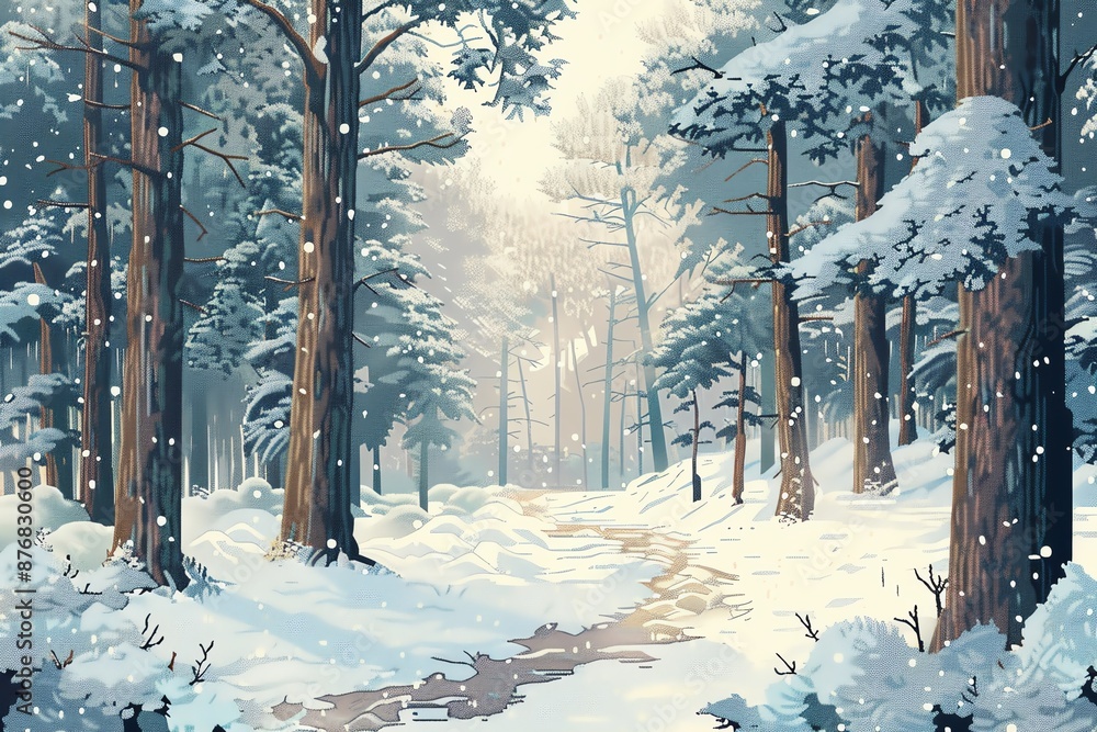 A snowy forest path with tall pine trees and a dusting of fresh snow ...