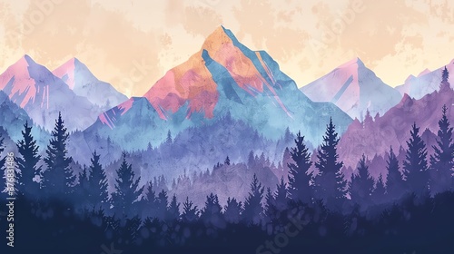 A watercolor illustration of a mountain range with a vibrant sunset sky. The silhouette of trees in the foreground create a sense of depth.
