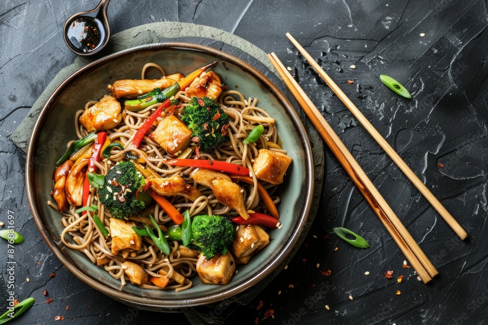 Bowl with Asian chicken stir fry soba noodles with vegetables on dark black stone background from above, Chinese Thai or Japanese noodles dish with soy sauce Bowl with Asian chicken stir fry soba noodles with vegetables on dark black stone background from above, Chinese Thai or Japanese noodles dish with soy sauce
